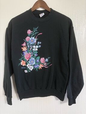 Vtg Morning Sun Forever Black Crew Neck Sweater Flower Graphic Size Medium